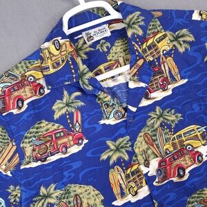 Aloha Republic Hawaiian Shirt Mens L Blue Woody Wagon Surfboard Vintage USA Made